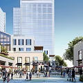 Vibrant Commercial Street With Modern Buildings Trees Pedestrians Shops And Outdoor Seating