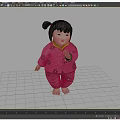 Little girl in pink traditional floral outfit with bun hairstyle and barefoot against gray background
