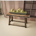 Green Moss Ball Bonsai In Black Tray On Rustic Wooden Table With Wooden Cabinet Background
