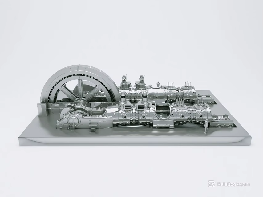 Mechanical Engine Model With Large Gear Wheel And Detailed Components On Acrylic Display Stand 3d model 