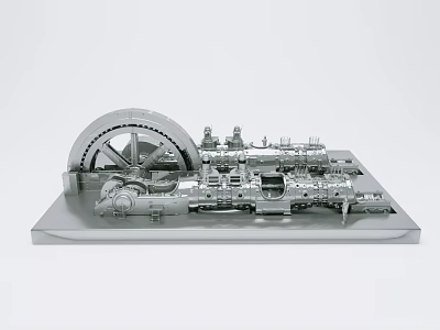 Mechanical Engine Model With Large Gear Wheel And Detailed Components On Acrylic Display Stand 3d model