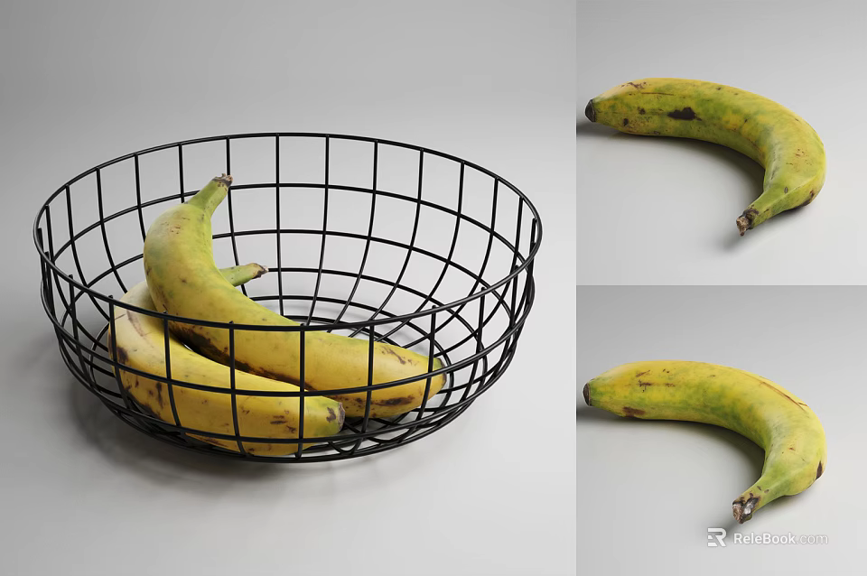 Fresh Ripe Yellow Bananas in Black Wire Basket on Gray Background 3d model 