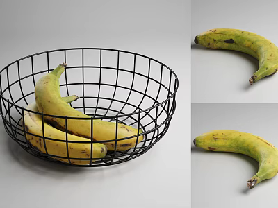 Fresh Ripe Yellow Bananas in Black Wire Basket on Gray Background 3d model