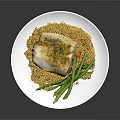 Delicious Baked Fish Fillet Served With Yellow Grains And Green Beans Topped With Fresh Herbs
