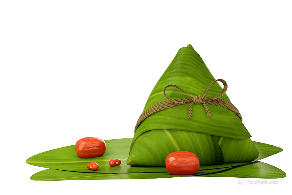 Traditional Chinese Zongzi Wrapped in Fresh Green Leaves with Red Dates on Banana Leaf Base 3d model 