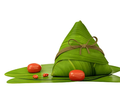 Traditional Chinese Zongzi Wrapped in Fresh Green Leaves with Red Dates on Banana Leaf Base 3d model
