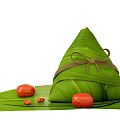 Traditional Chinese Zongzi Wrapped in Fresh Green Leaves with Red Dates on Banana Leaf Base