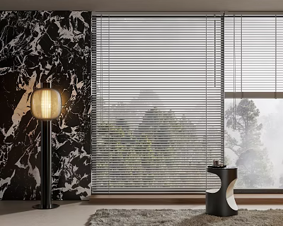 Modern Interior Featuring Window Blinds With Black Marble Wall Floor Lamp And Trees Outside 3d model