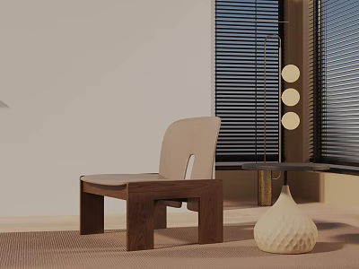 Modern Accent Chair with Wooden Frame Beige Upholstery in Interior Near Window Blinds and Vase 3d model