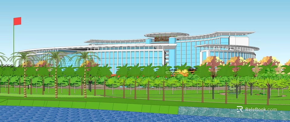 Shower Sauna Facilities In Modern Waterfront Resort With Glass Curtain Wall And Green Trees 3d model 