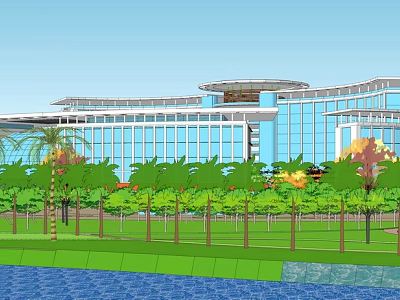 Shower Sauna Facilities In Modern Waterfront Resort With Glass Curtain Wall And Green Trees 3d model