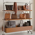 Modern Rolling Shelving Unit with Wooden Metal Frame and Organized Various Style Leather Bags