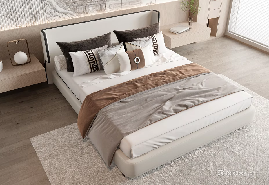 Modern Double Bed With Upholstered Headboard Decorative Pillows And Soft Bedspread 3d model 