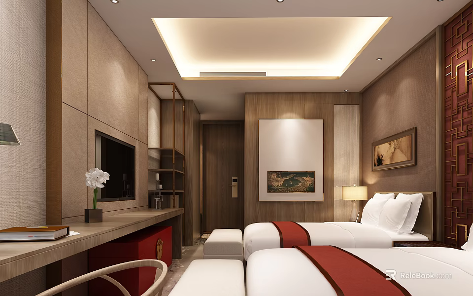 Modern Hotel Guest Room With Twin Beds Bedside Lamps And Decorative Paintings 3d model 