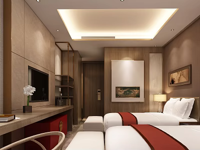 Modern Hotel Guest Room With Twin Beds Bedside Lamps And Decorative Paintings 3d model