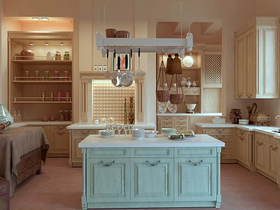 Cozy Open Kitchen Featuring Light Wood Cabinets Island Hanging Pots And Pendant Lights 3d model