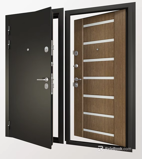 Modern Swing Door Designs Featuring Wooden Panel Black Finish And Metal Strips For Interior 3d model 