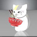 Cute White Maneki Neko With Orange Patch Holding Red Bowl Of Noodles And Chopsticks