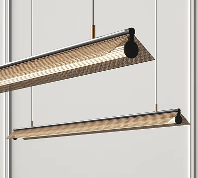 Modern Long Pendant Lights with Woven Shade and Metal Frame Hanging in Interior Space 3d model
