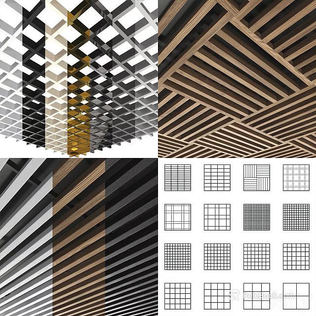 Modern Ceiling Design With Geometric Grid Patterns Wooden Metallic Textures And Linear Arrangements 3d model