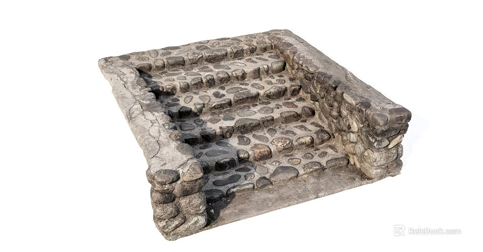 Natural Stone Staircase With Square Structure And Layered Pebble Steps 3d model