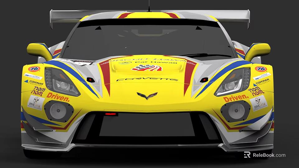 Yellow Red Blue Striped Corvette Race Car With Driven Sponsorship Logos 3d model 