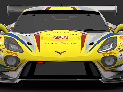 Yellow Red Blue Striped Corvette Race Car With Driven Sponsorship Logos 3d model
