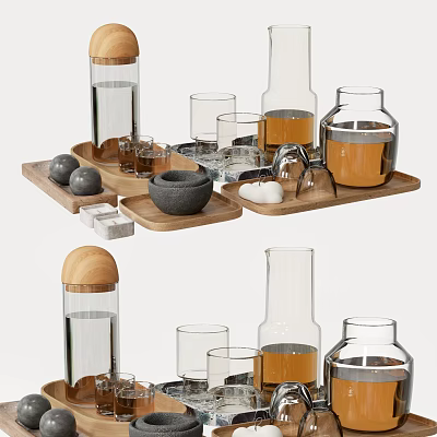 Modern Tea Serving Set with Glass Jars Wooden Tray and Ceramic Bowls 3d model