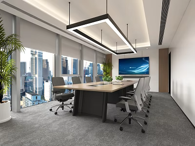 Modern Conference Room With Large Windows City View Long Table Office Chairs And Green Plants 3d model