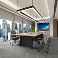 Modern Conference Room With Large Windows City View Long Table Office Chairs And Green Plants
