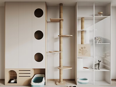 Modern Cat Room Interior With Cat Tree Cabinet Round Holes Litter Box And Glass 3d model