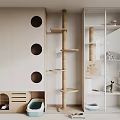Modern Cat Room Interior With Cat Tree Cabinet Round Holes Litter Box And Glass