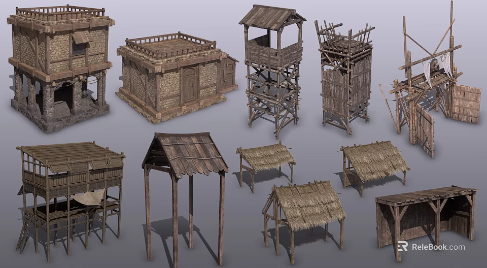 Traditional Wooden Building Models With Thatched Roofs For Modern Architectural 3d model 