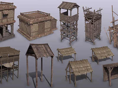Traditional Wooden Building Models With Thatched Roofs For Modern Architectural 3d model