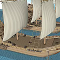 Wooden Sailing Ships With White Sails And Cross Patterns On Blue Water Under Clear Sky