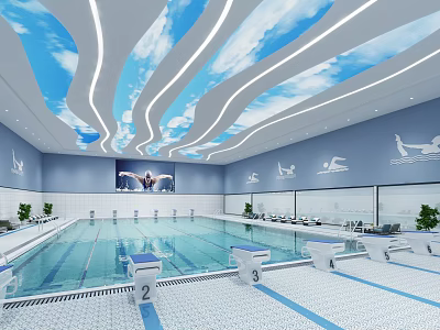 Indoor Swimming Pool With Blue Sky White Cloud Ceiling And Swimming Lanes Starting Blocks 3d model