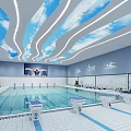 Indoor Swimming Pool With Blue Sky White Cloud Ceiling And Swimming Lanes Starting Blocks