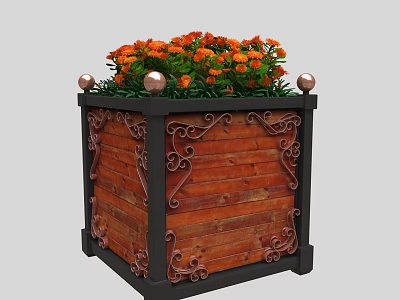 Roadside Decorative Planter With Wooden Structure Iron Ornaments And Orange Flowers Topped With Metal Balls 3d model