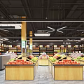 Organized Modern Supermarket Department Store with Fruit Stalls and Product Shelves