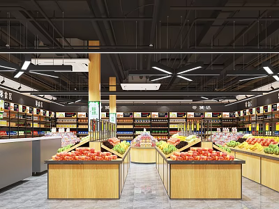 Organized Modern Supermarket Department Store with Fruit Stalls and Product Shelves 3d model