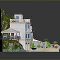 Coastal Cottage With Balcony Arched Entrance Mountain Beach View Plants Boat And Umbrella