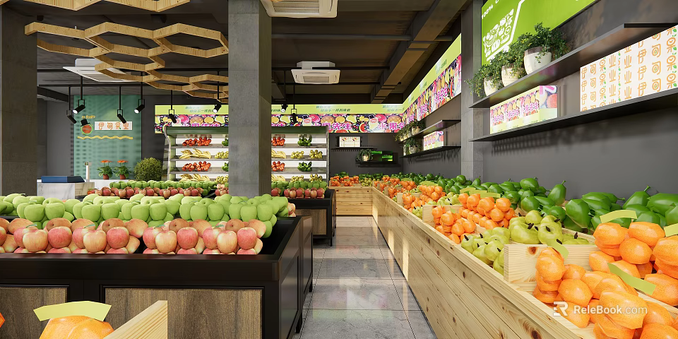 Bright Fruit Store Interior With Various Fresh Fruits Neatly Arranged On Wooden Shelves 3d model 