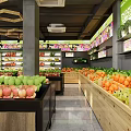 Bright Fruit Store Interior With Various Fresh Fruits Neatly Arranged On Wooden Shelves