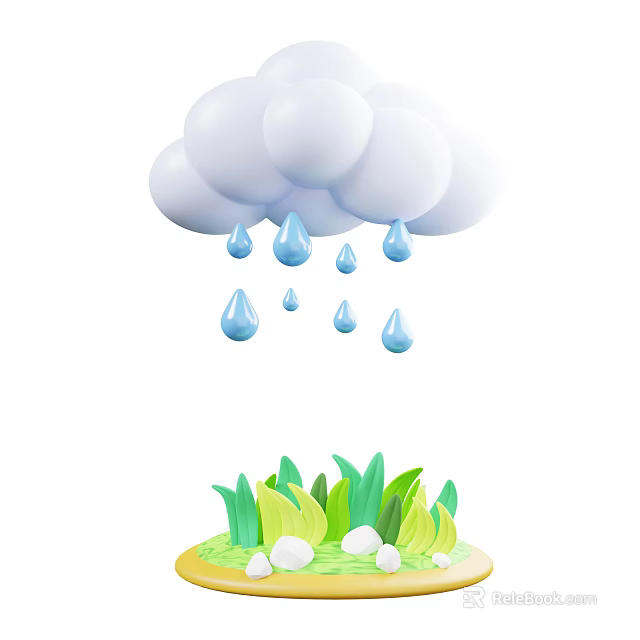 Green Leafy Plants Growing Under White Cloud With Falling Blue Raindrops And Small White Pebbles 3d model 
