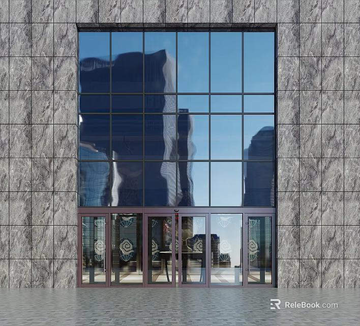 Modern Storefront Featuring Marble Wall Black Glass Windows Brown Glass Doors With Decorative Patterns 3d model 