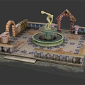 Elegant Garden Ornament with Central Fountain Statue Stone Arches and Paved Patterns