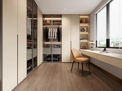 Modern Walk In Closet With Built In Storage And Desk By Window 3d model