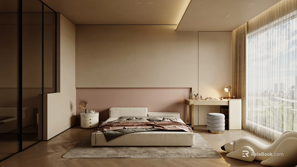 Modern Bedroom Interior Design With White Bed Pink Headboard Wall And Wooden Floor 3d model 