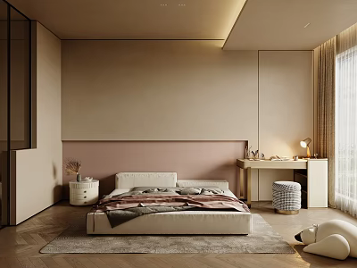 Modern Bedroom Interior Design With White Bed Pink Headboard Wall And Wooden Floor 3d model