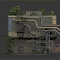 Abandoned Building Landscape With Rusted Roof Greenery Damaged Structure And Exposed Pipes